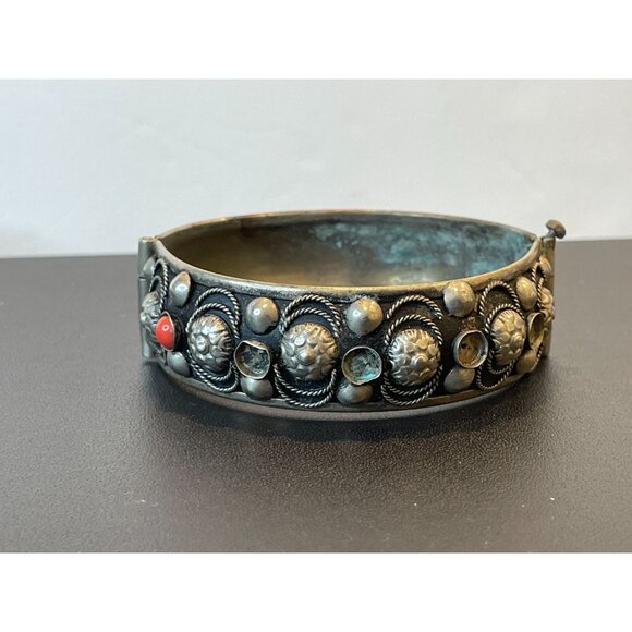 Silvertone Hinged Bangle Bracelet With Red Glass Stones - Missing Stones - Picture 6 of 11